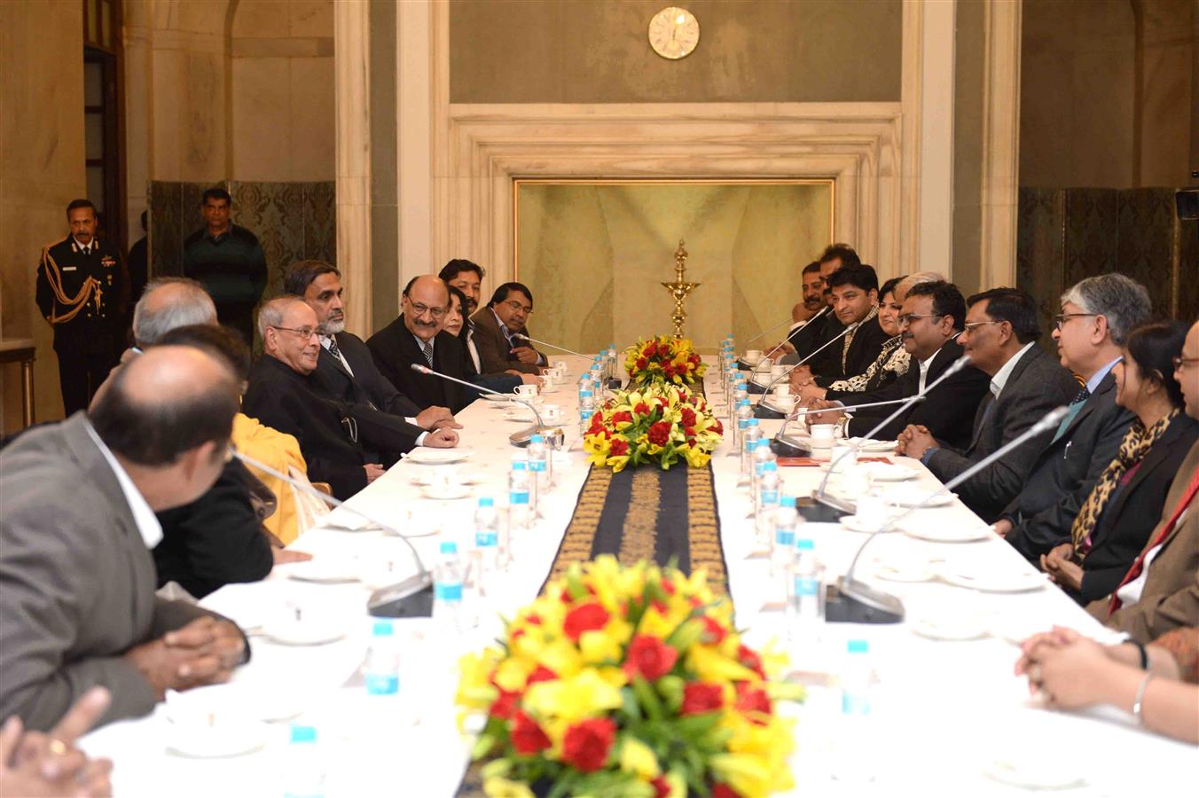 The President of India, Shri Pranab Mukherjee hosting a tea to the members of the Managing Committee of Press Club of India at Rashtrapati Bhavan on January 16, 2017.