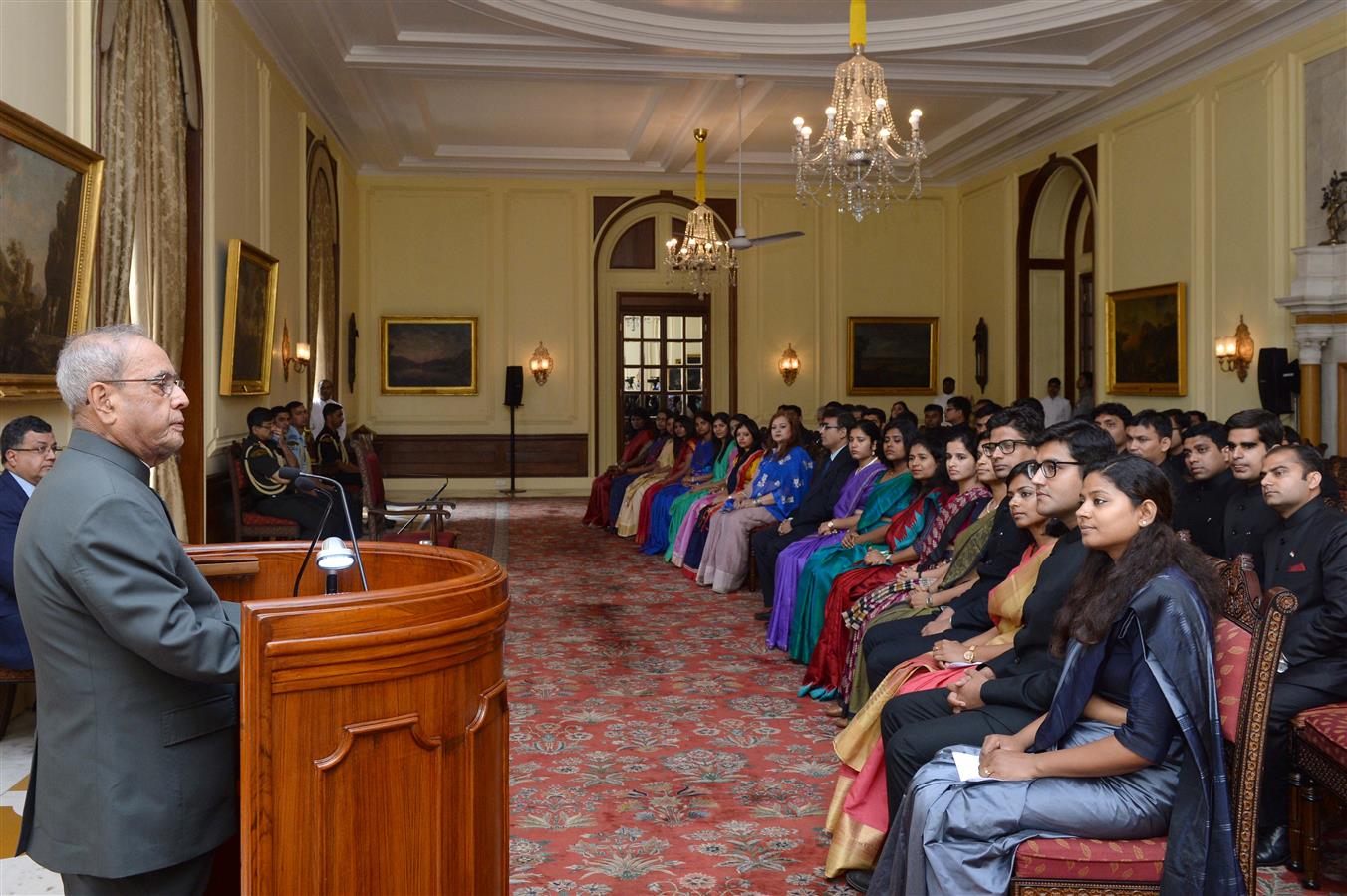 The President of India, Shri Pranab Mukherjee interacting with the Officer Trainees of Indian Foreign Service of 2016 Batch from Indian Foreign Service Institute at Rashtrapati Bhavan on June 1, 2017.