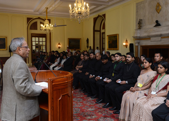 The President of India, Shri Pranab Mukherjee interacting with Probationary Officers of the 2011 Batch of the Indian Foreign Service from Foreign Service Institute (FSI) who called-on him at Rashtrapati Bhavan in New Delhi on June 12, 2013.