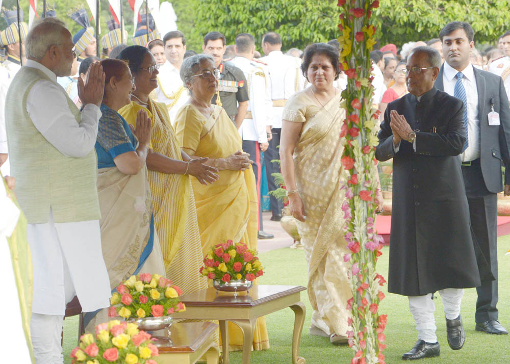 The President of India, Shri Pranab Mukherjee greeting the Prime Minister of India, Shri Narendra Modi at the ‘At Home' Reception hosted by him at Rashtrapati Bhavan on August 15, 2014 on the occasion of 68th Independence Day. 