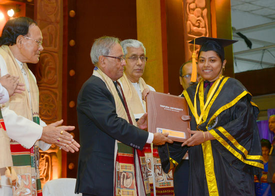 The President of India, Shri Pranab Mukherjee while presenting a degree to the student at the tenth convocation of Tripura Central University at Suryamaninagar in Tripura on June 20, 2013