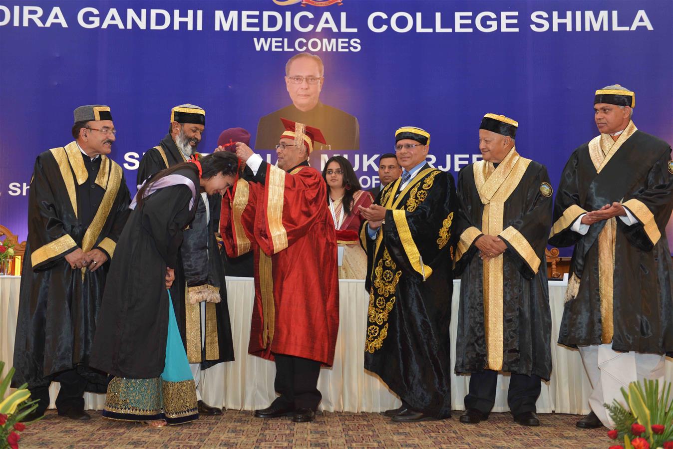 The President of India, Shri Pranab Mukherjee presenting the Merit Medal to a student at the Golden Jubilee Convocation of Indira Gandhi Medical College at Shimla, Himachal Pradesh on June 03, 2016. 