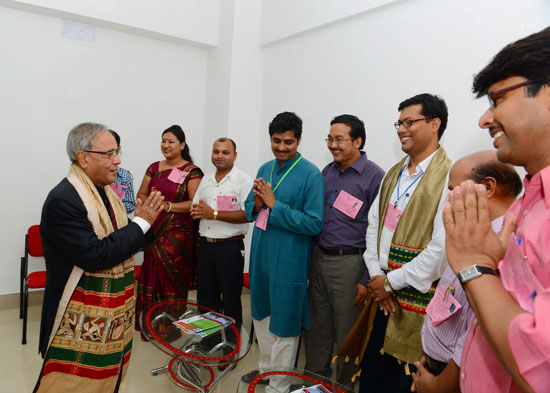 The President of India, Shri Pranab Mukherjee interacting with grass root innovators and inspired teachers at Tripura Central University at Suryamaninagar in Tripura on June 20, 2013.