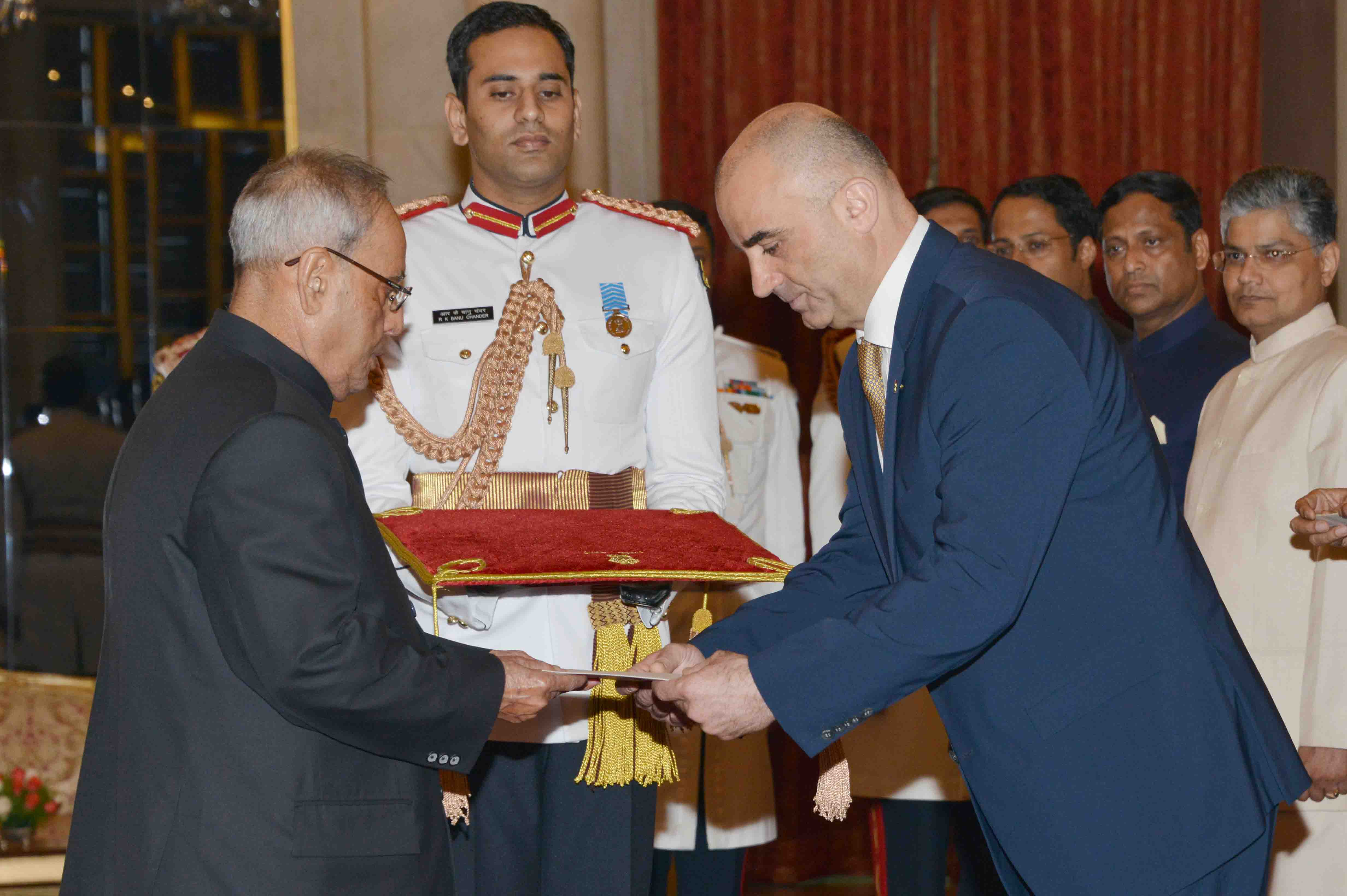 The Ambassador of the Republic of Armenia, His Excellency Mr. Armen Martirosyan presenting his Credential to the President of India, Shri Pranab Mukherjee at Rashtrapati Bhavan on August 26, 2015.