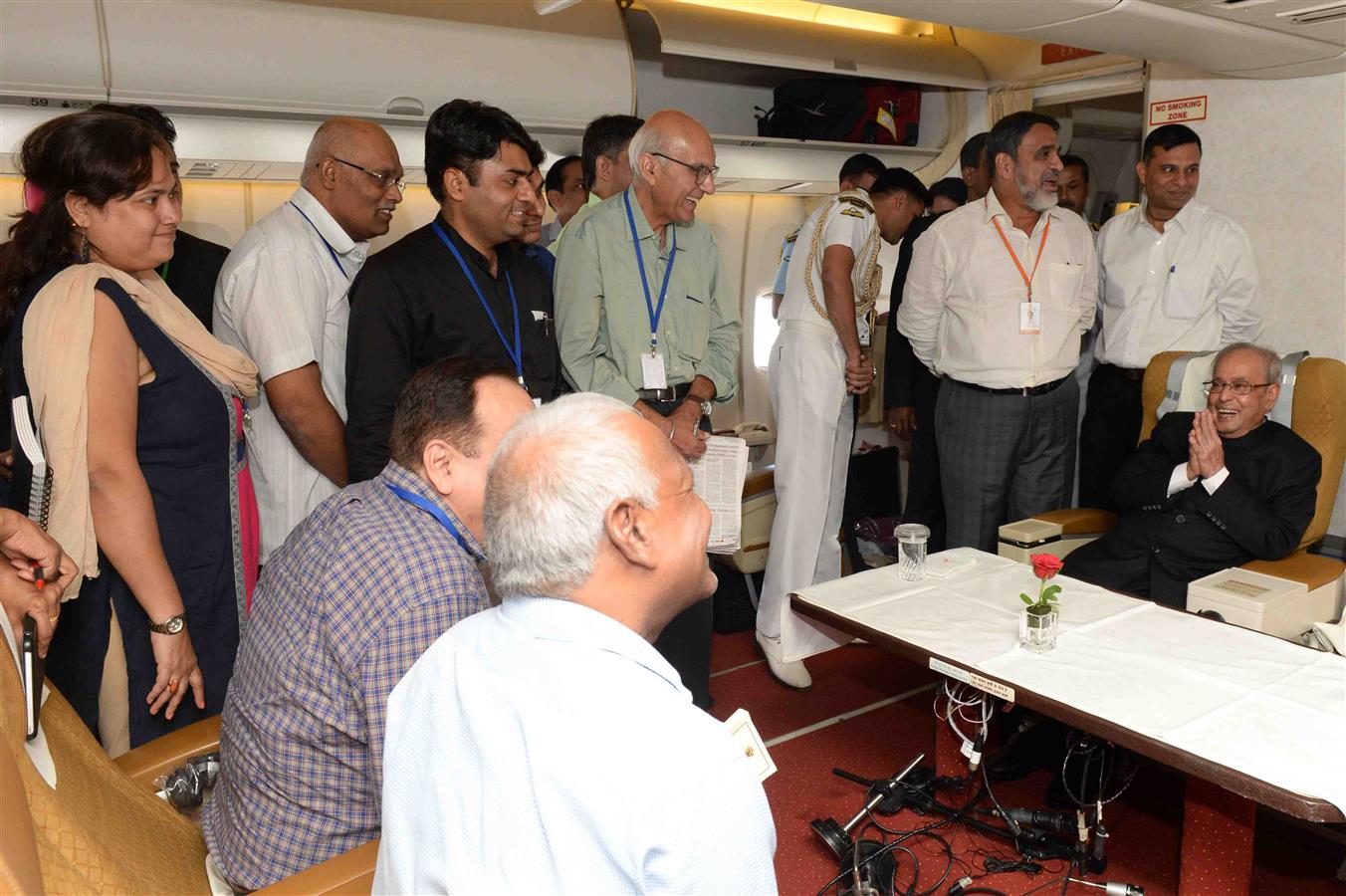 The President of India, Shri Pranab Mukherjee interacting with the accompanying officials and media delegation on board, Air India Special aircraft on his way to Ghana (Accra) on June 12, 2016. 