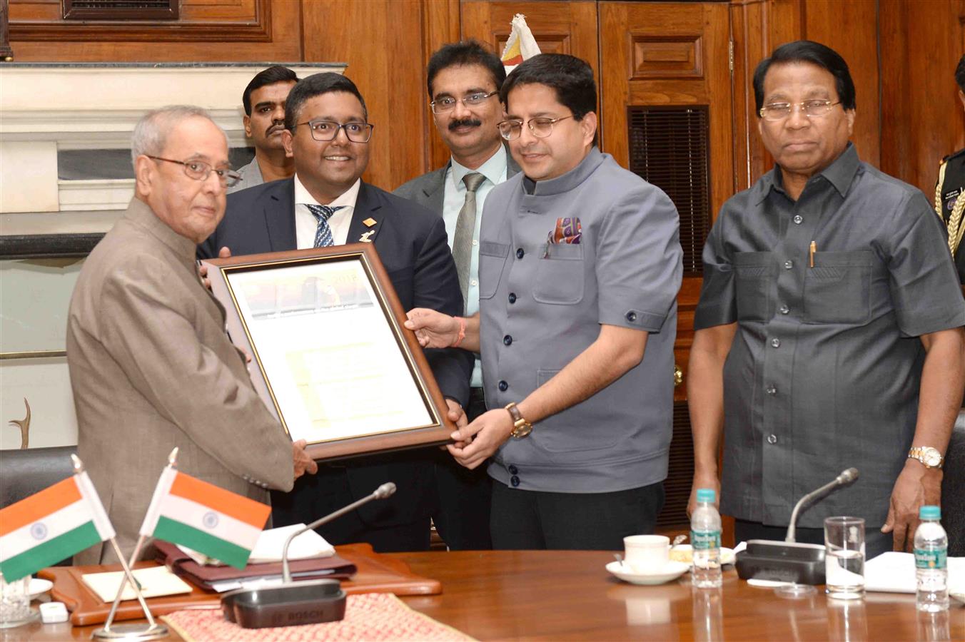 The President of India, Shri Pranab Mukherjee receiving the 2018 edition of the QS World University Rankings brought out by the Education Promotion Society for India at Rashtrapati Bhavan on June 9, 2017.