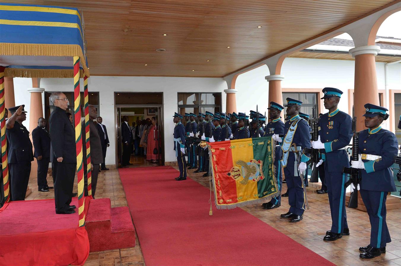 The President of India, Shri Pranab Mukherjee inspecting the Guard of Honour during his Ceremonial Welcome at Kotoka International Airport in Ghana (Accra) on June 12, 2016. 