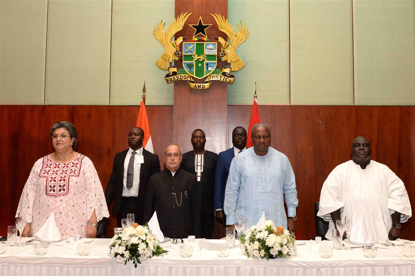 The President of India, Shri Pranab Mukherjee at the Banquet hosted by the President of the Republic of Ghana, H.E. Mr John Dramani Mahama at Flagstaff House in Ghana (Accra) on June 12, 2016. 