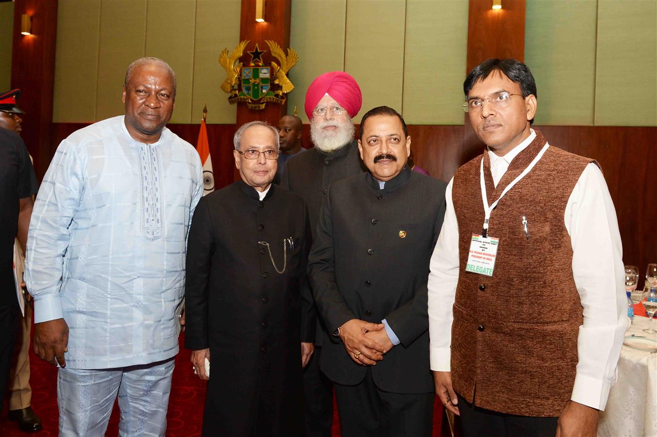 The President of India, Shri Pranab Mukherjee with his official delegation Dr. Jitendra Singh, Shri Mansukh L Mandaviya and Shri S.S. Ahluwalia meeting with H.E. Mr. John Dramani Mahama, the President of the Republic of Ghana at Flagstaff House in Ghana ( 