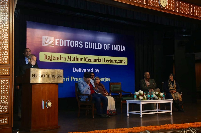 The Former President of India, Shri Pranab Mukherjee addressing the Annual  							  Rajendra Mathur memorial lecture, organised by the Editor’s Guild of India.