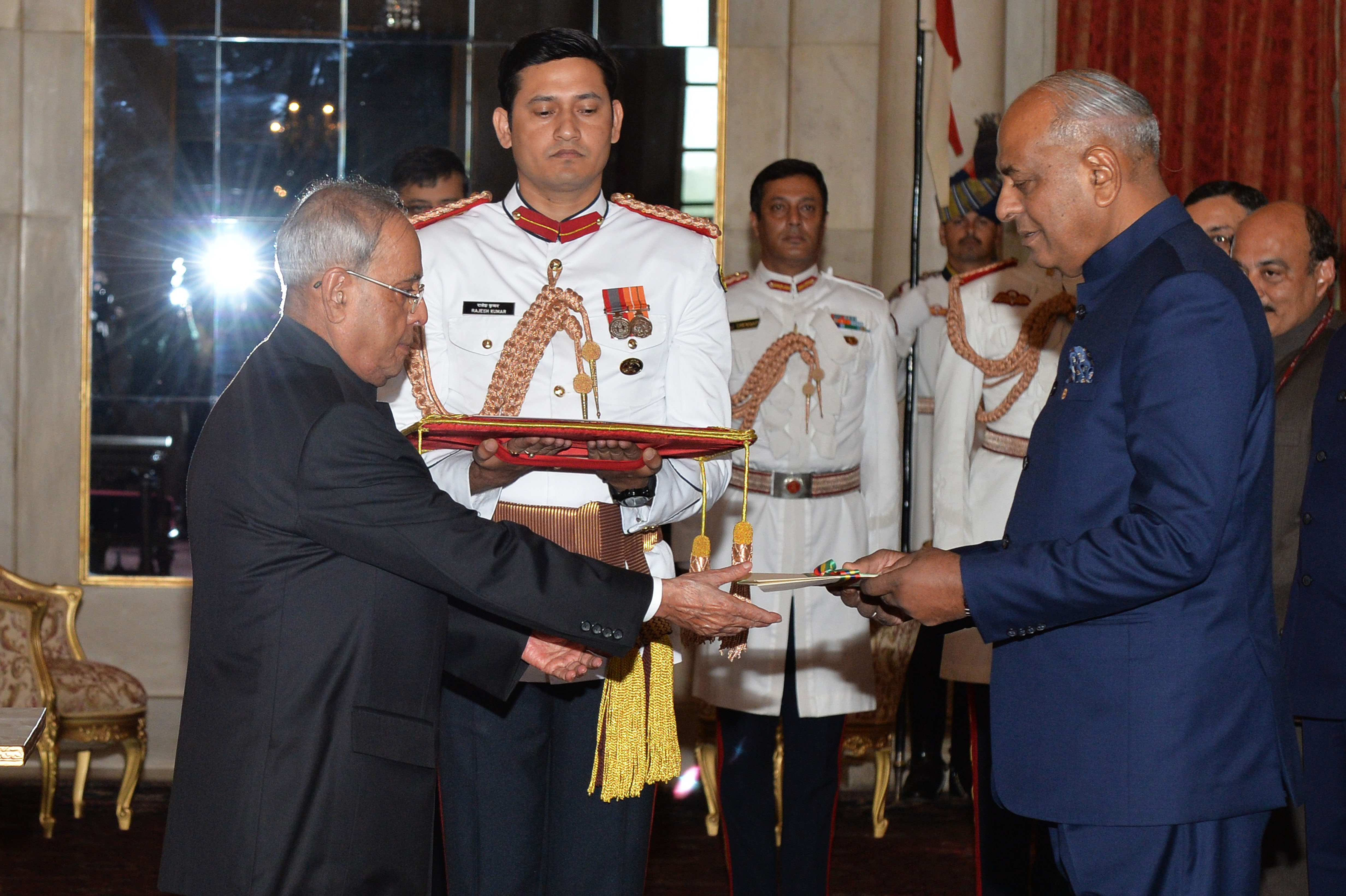 The High Commissioner of the Republic of Mauritius, His Excellency Mr. Jagdishwar Goburdhun presenting his Credential to the President of India, Shri Pranab Mukherjee at Rashtrapati Bhavan on September 02, 2015