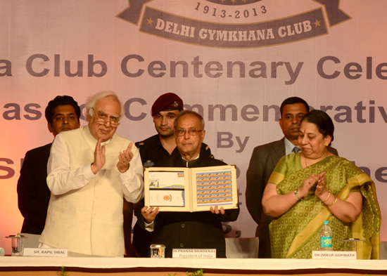 The President of India, Shri Pranab Mukherjee releasing the specially designed Commemorative Postage Stamp to mark the 100th Anniversary of the establishment of the Delhi Gymkhana Club at New Delhi on July 3, 2013.