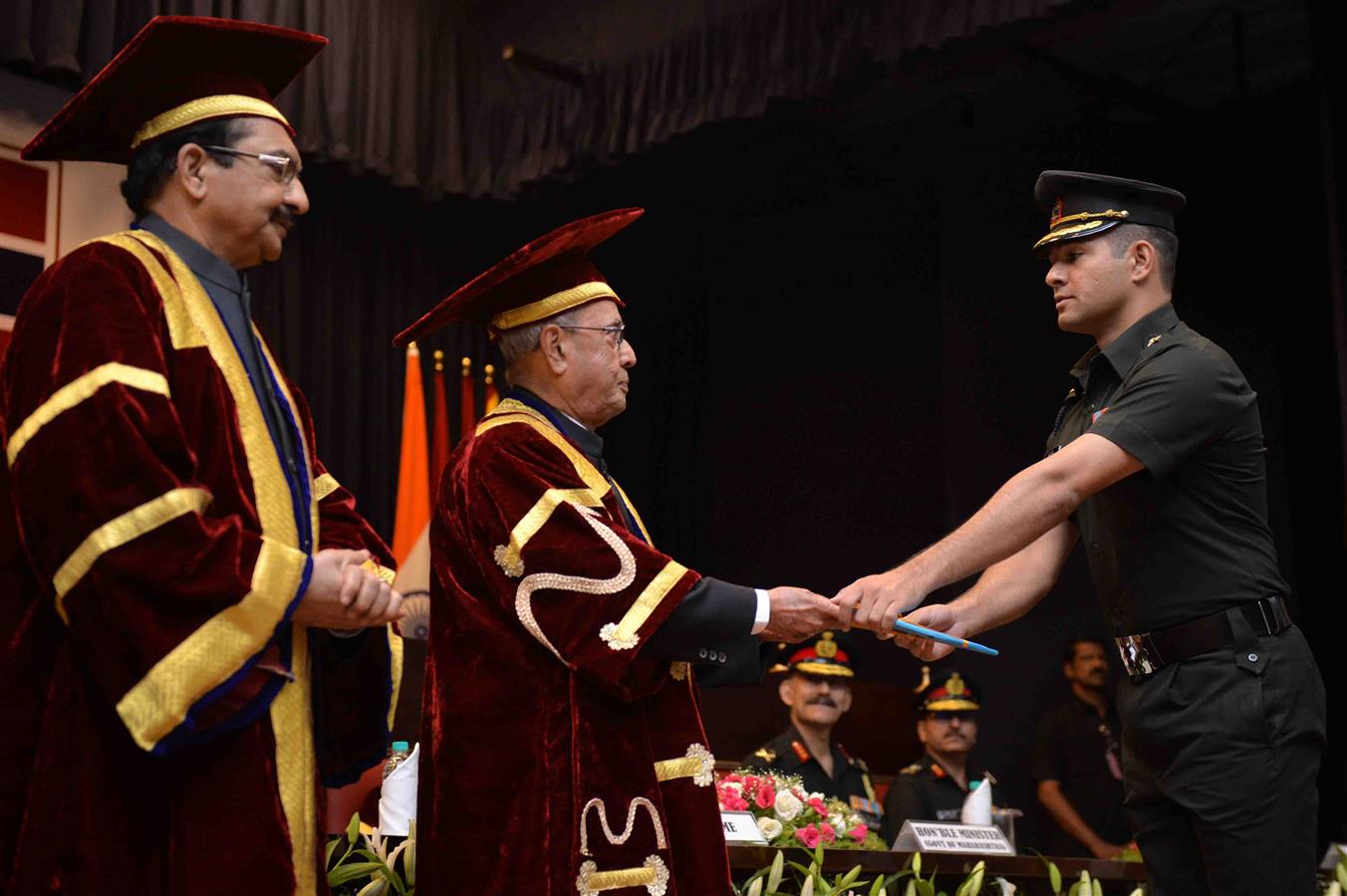 The President of India, Shri Pranab Mukherjee presenting the degree at the convocation ceremony of the passing out Engineering Graduate Courses of College of Military Engineering at Pune in Maharashtra on June 17, 2017.