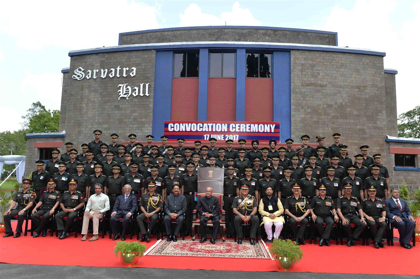 The President of India, Shri Pranab Mukherjee in a group photograph at the convocation ceremony of the passing out Engineering Graduate Courses of College of Military Engineering at Pune in Maharashtra on June 17, 2017.