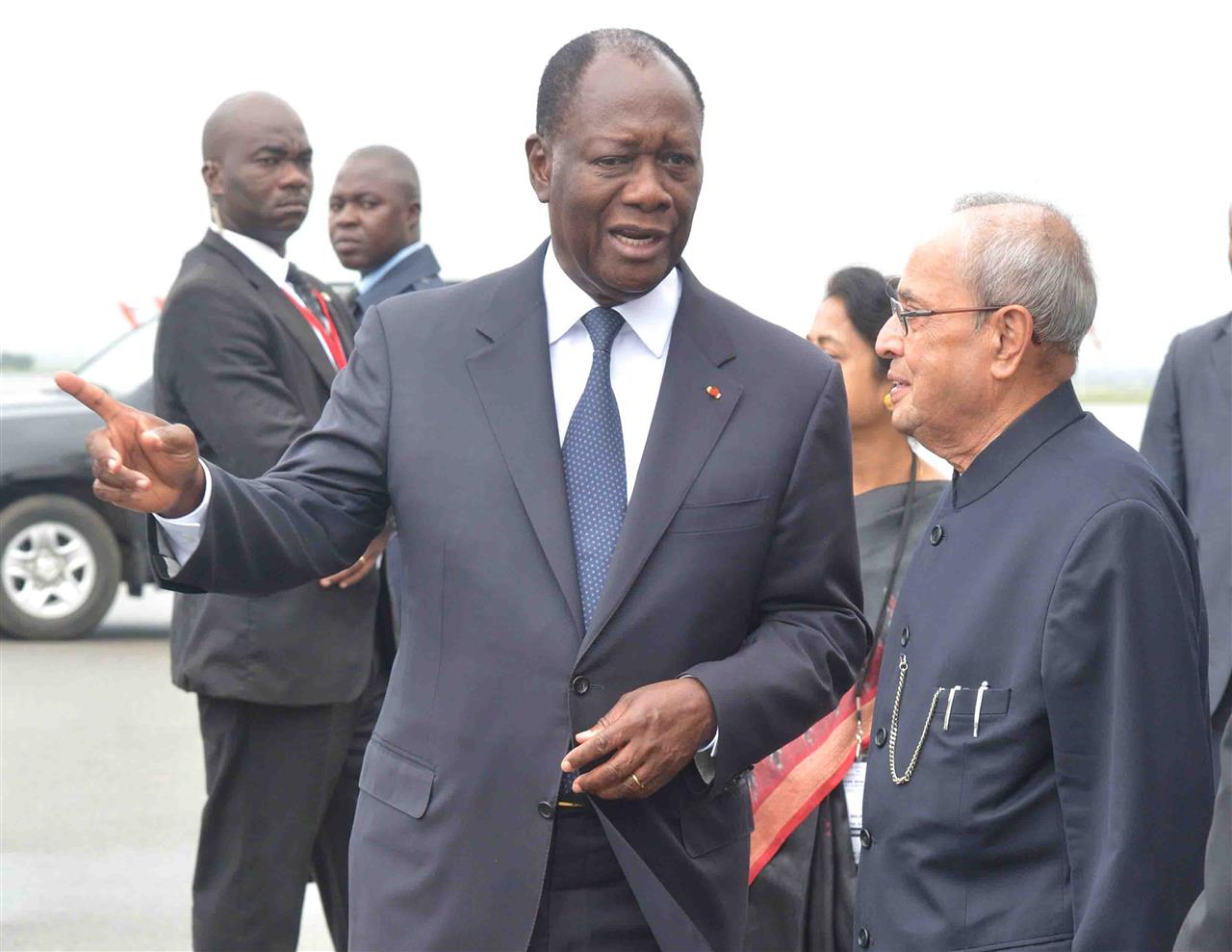 The President of India, Shri Pranab Mukherjee being received by the President of the Republic of Cote d’ lvoire, H.E. Mr. Alassane Ouattara during his arrival at Abidjan International Airport in Republic of Cote D’ivoire in Abidjan on June 14, 2016. 