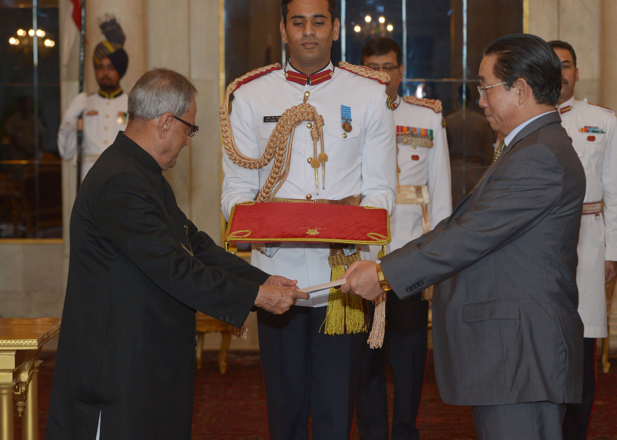 The Ambassador of DPR Korea, His Excellency Mr. Kye Chun Yong presenting his credential to the President of India, Shri Pranab Mukherjee at Rashtrapati Bhavan on September 12, 2014. 