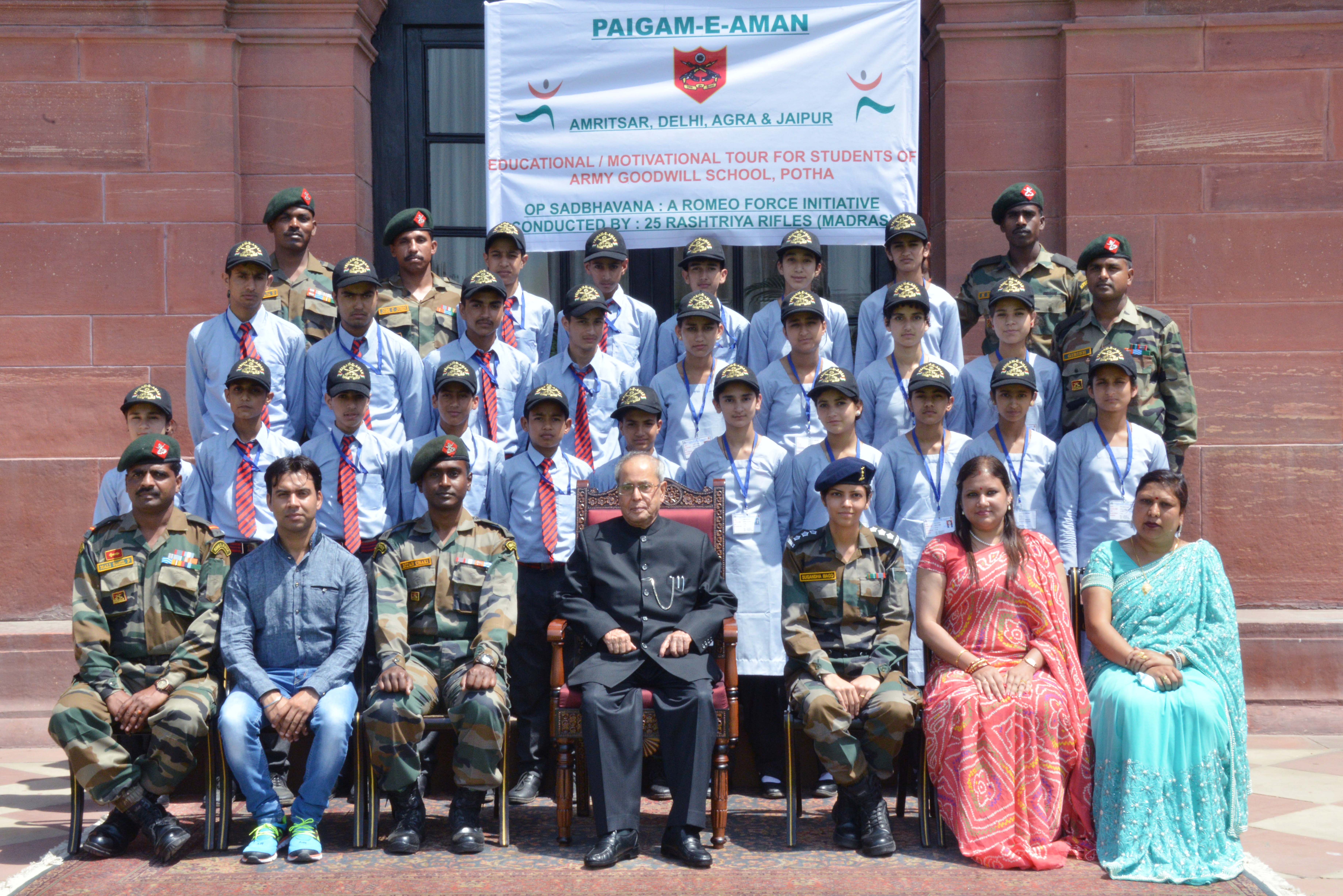 The President of India, Shri Pranab Mukherjee with Students of Army Goodwill School, Potha, Poonch District in Jammu and Kashmir attending Operation Sadbhavana tour organized by the 25 Rashtriya Rifles/16 Corps of Northern Command at Rashtrapati Bhavan on