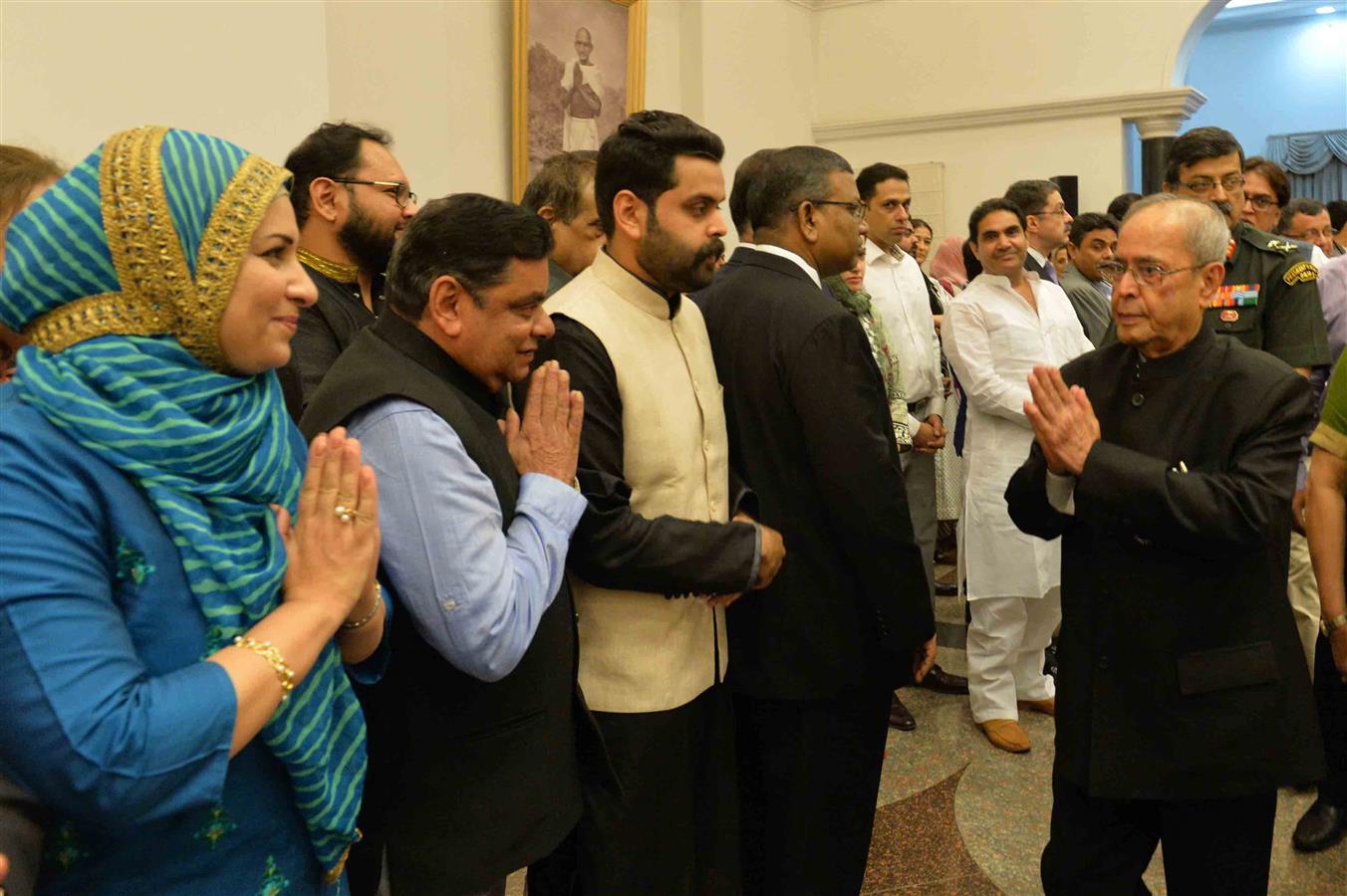 The President of India, Shri Pranab Mukherjee meeting the invitees at the Iftar Reception on the occasion of id'ul Fitar hosted by him at Rashtrapati Bhavan Cultural Centre (RBCC) on June 23, 2017.