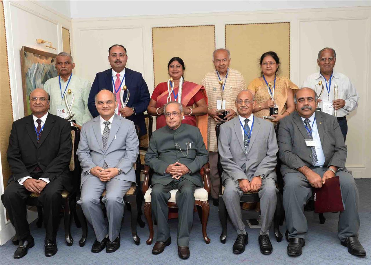 The President of India, Shri Pranab Mukherjee with the recipients of the Lakshmipat Singhania - IIM Lucknow National Leadership Awards in New Delhi on June 27, 2017.