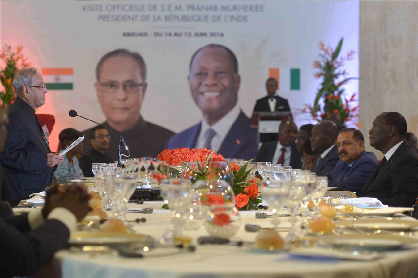 The President of India, Shri Pranab Mukherjee addressing at the Banquet hosted in his honour by the President of the Republic of Cote d’ at Presidential Palace in Republic of Cote D’ivoire in Abidjan on June 14, 2016. 