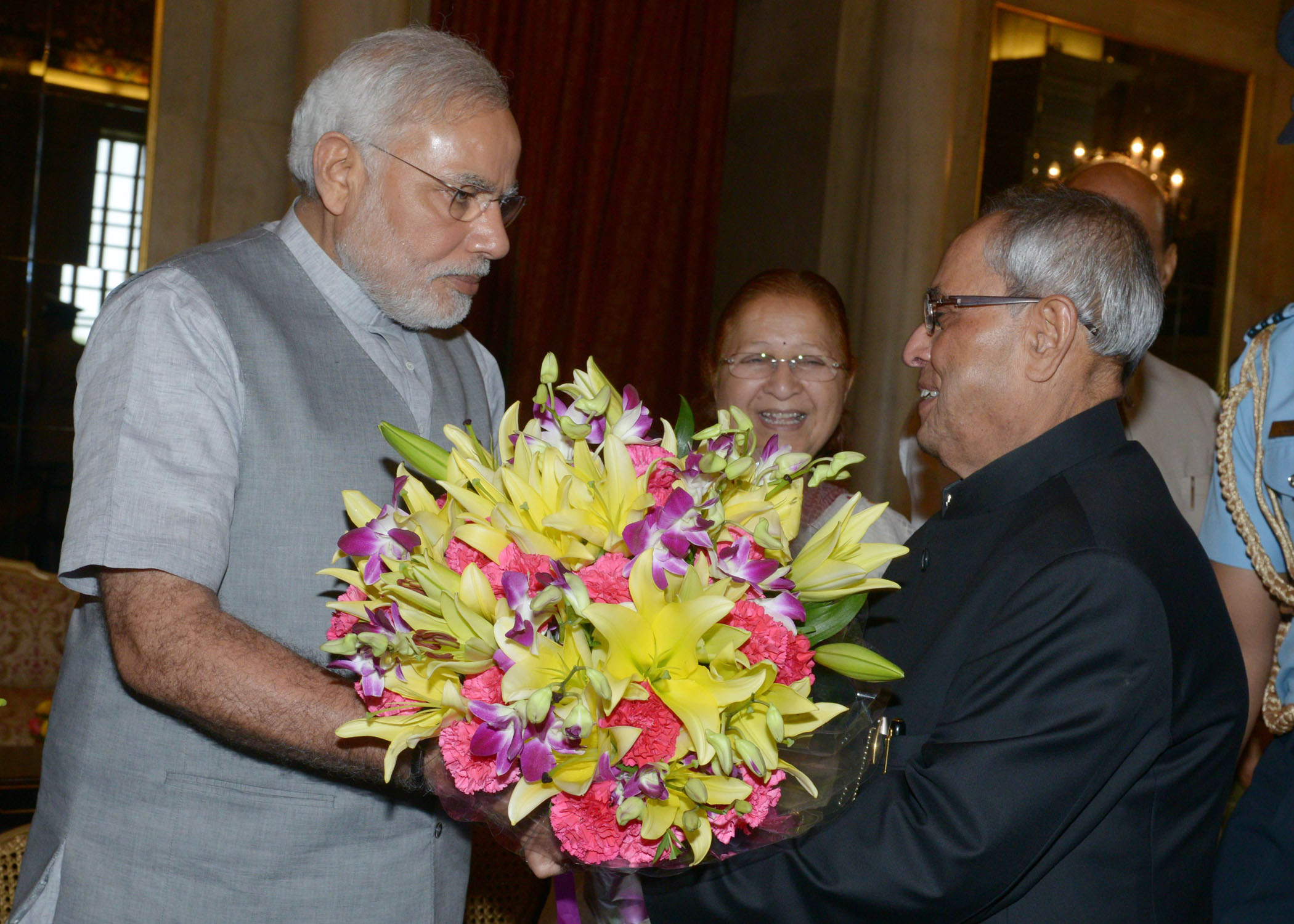 The Prime Minister of India, ShriNarendra Modi bidding farewell to the President of India, Shri Pranab Mukherjee at Rashtrapati Bhavan on September 14, 2014 on his Ceremonial Departure for the State Visit to Vietnam. 