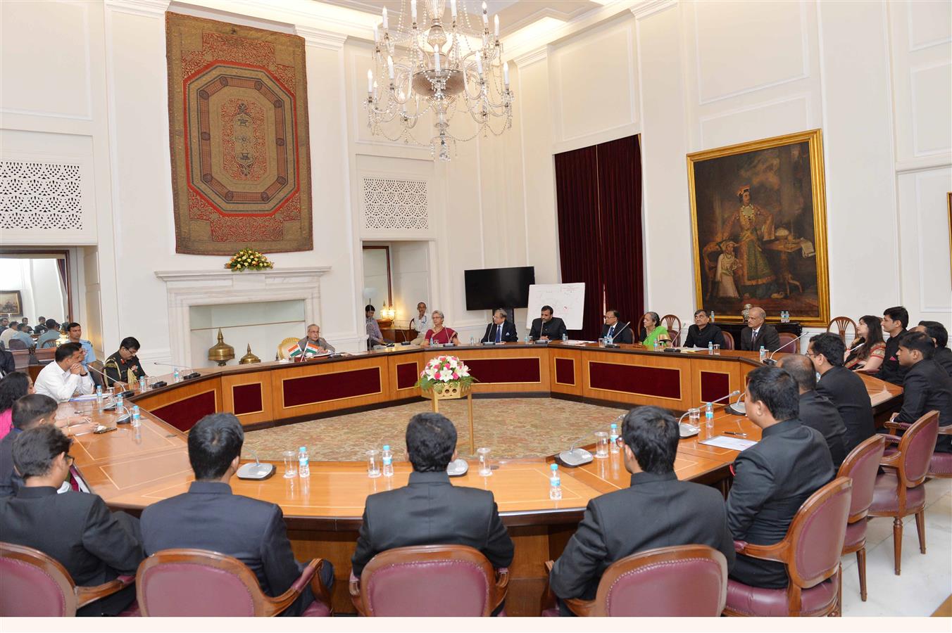 The President of India, Shri Pranab Mukherjee interacting with Probationers of Indian Trade Service of 2013 batch from Indian Institute of Foreign Trade at Rashtrapati Bhavan on September 11, 2015.