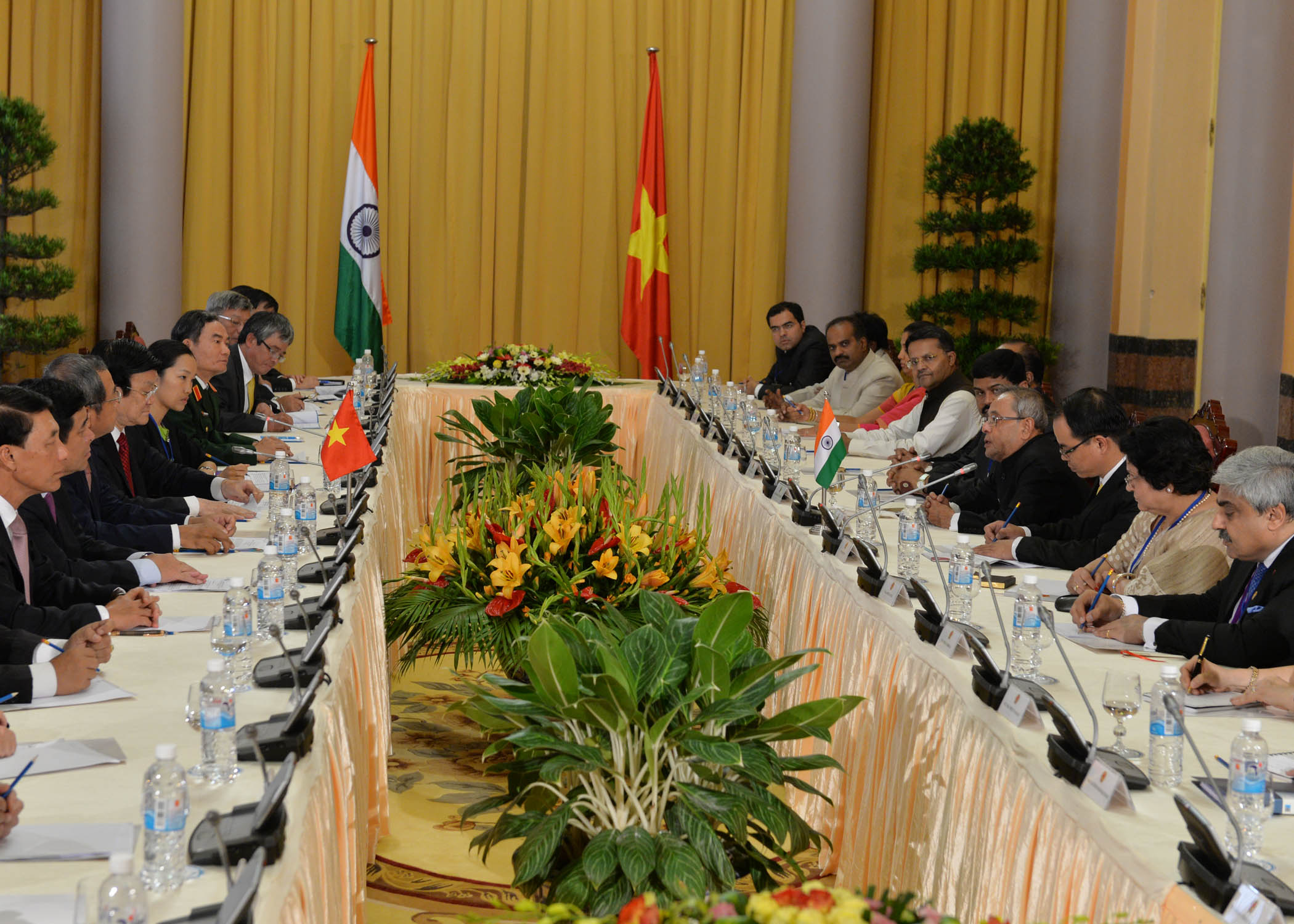 The President of India, Shri Pranab Mukherjee during the delegation level talks with the President of the Socialist Republic of Vietnam, H.E. Mr. Truong Tan Sang at Presidential Palace in Hanoi, Vietnam on September 15, 2014. 