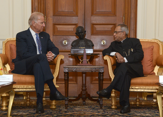 The Vice President of the United States of America, Mr. Joseph R. Biden Jr. meeting with the President of India, Shri Pranab Mukherjee at Rashtrapati Bhavan in New Delhi on July 23, 2013.