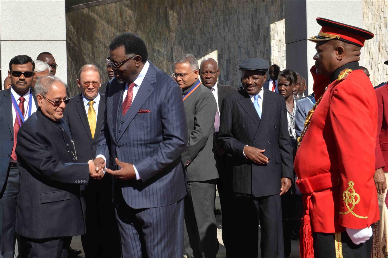 The President of India, Shri Pranab Mukherjee being received by the President of the Republic of Namibia, H.E. Mr. Hage Geingob at State House in Republic of Namibia (Windhoek) on June 16, 2016. 