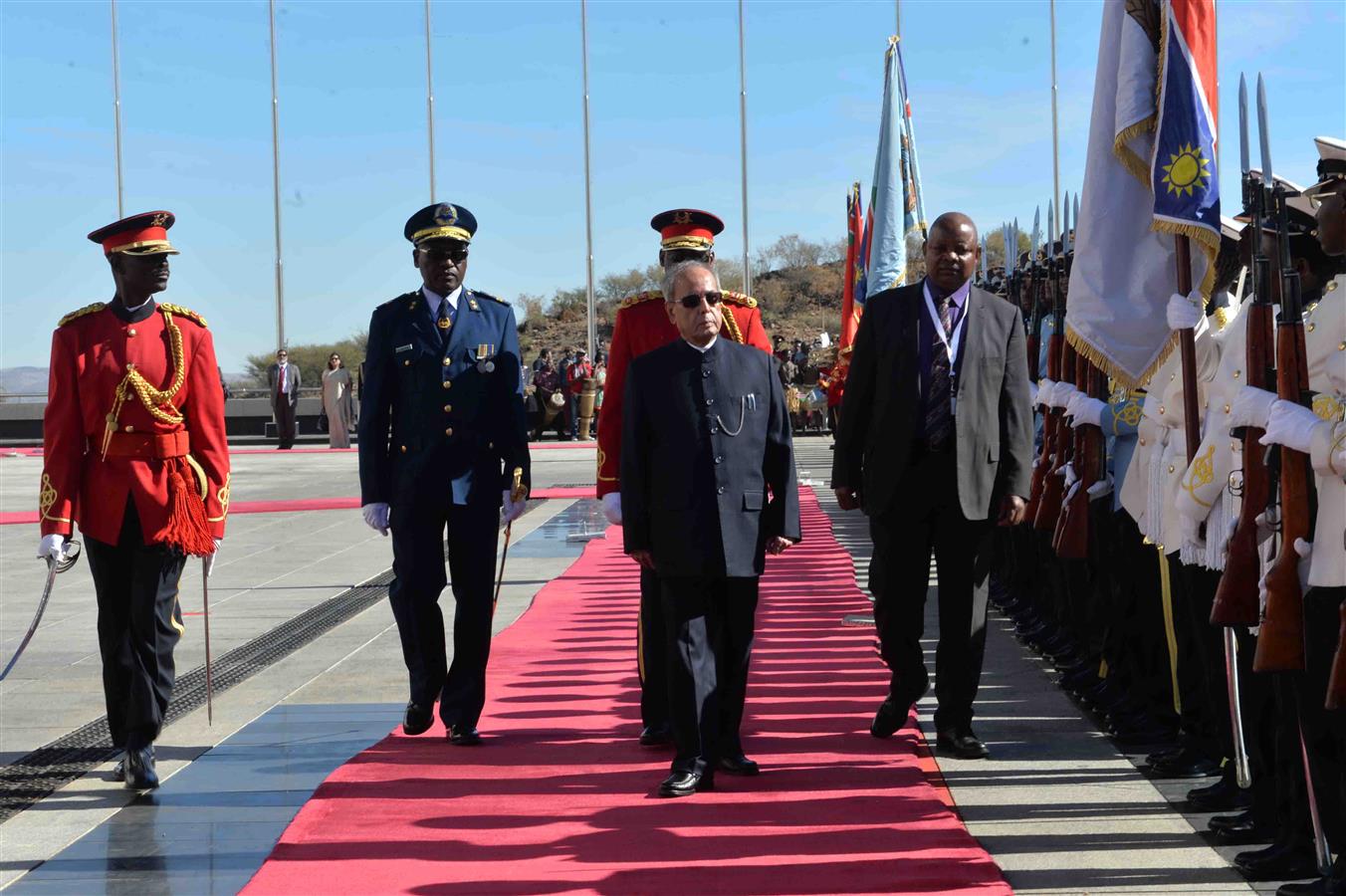 The President of India, Shri Pranab Mukherjee inspecting the Guard of Honour during the Ceremonial Reception at State House in Republic of Namibia (Windhoek) on June 16, 2016. 