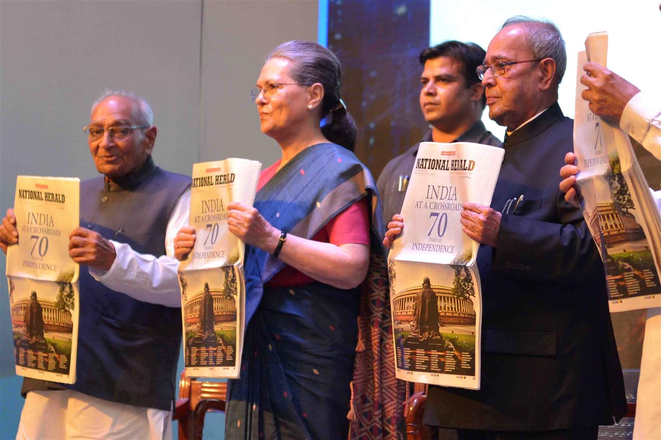 The President of India, Shri Pranab Mukherjee receiving the first copy of a commemorative publication of National Herald published to mark 70 years of India’s Independence in New Delhi on July 1, 2017.