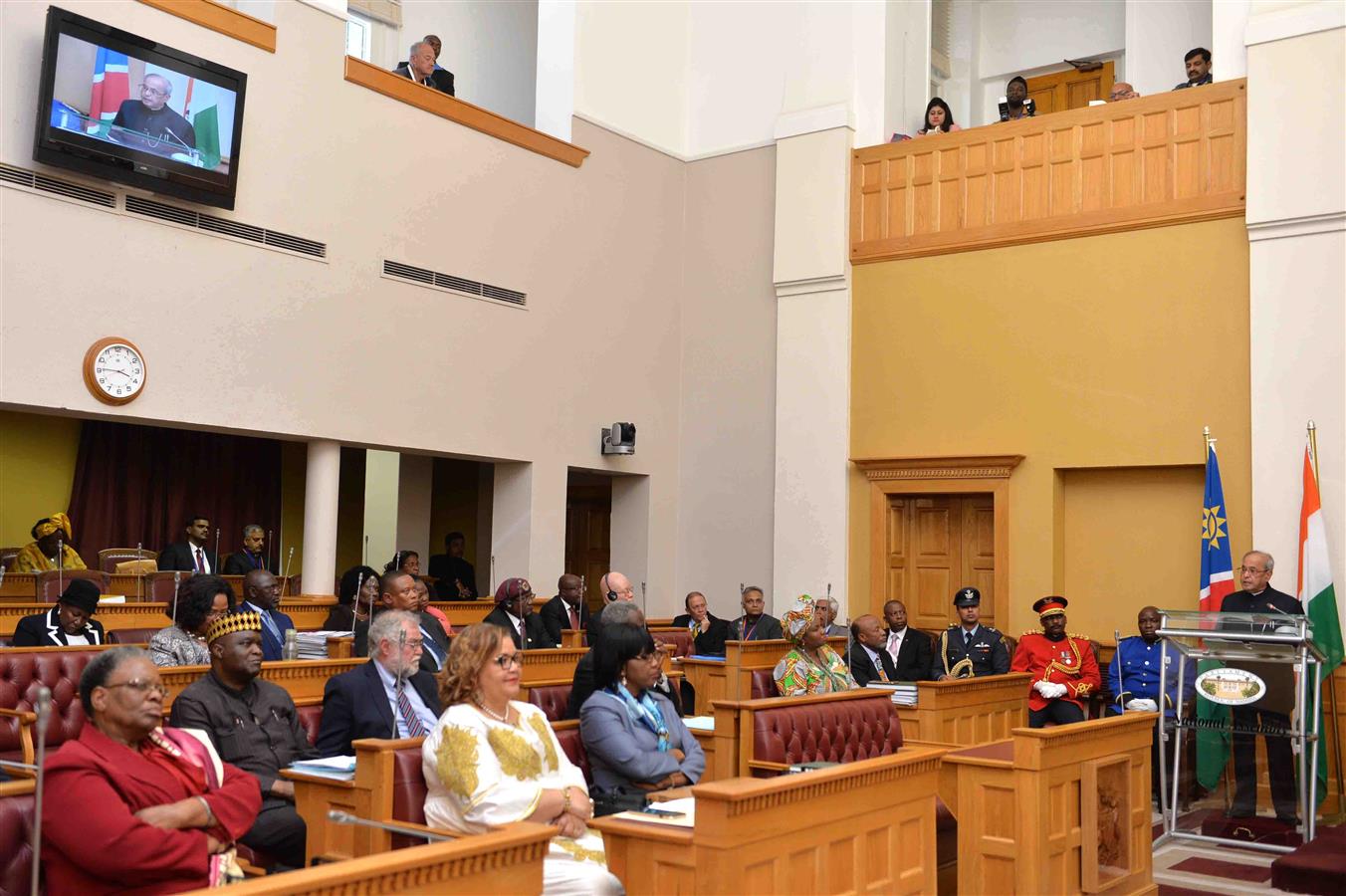 The President of India, Shri Pranab Mukherjee addressing at the members of Parliament of the Republic of Namibia in Windhoek on June 16, 2016. 