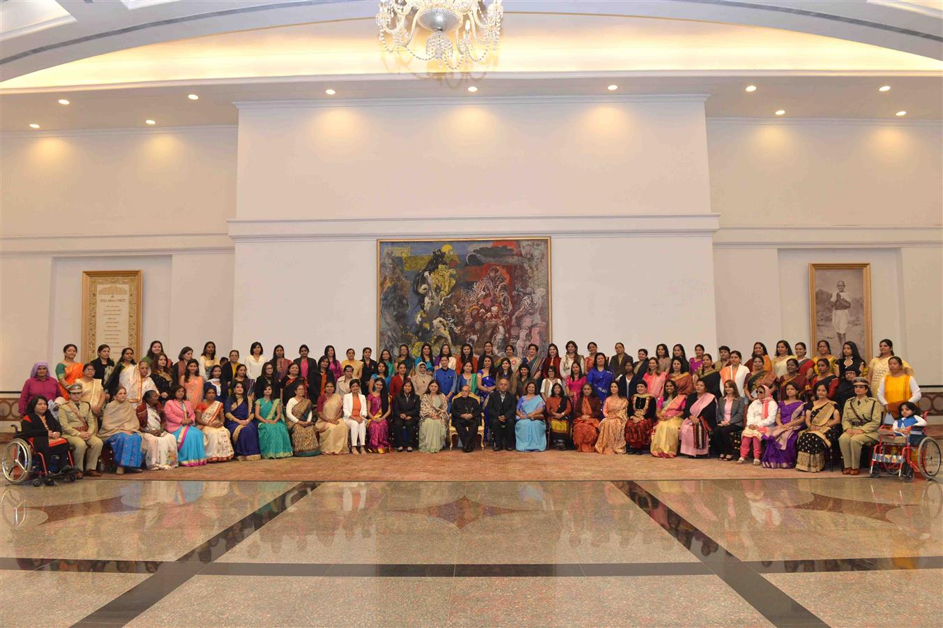 The President of India, Shri Pranab Mukherjee with 100 Women Achievers of India selected by the Ministry of Women and Child Development in collaboration with Facebook vide contest through Public Nominations at Rashtrapati Bhavan on January 22, 2016. 