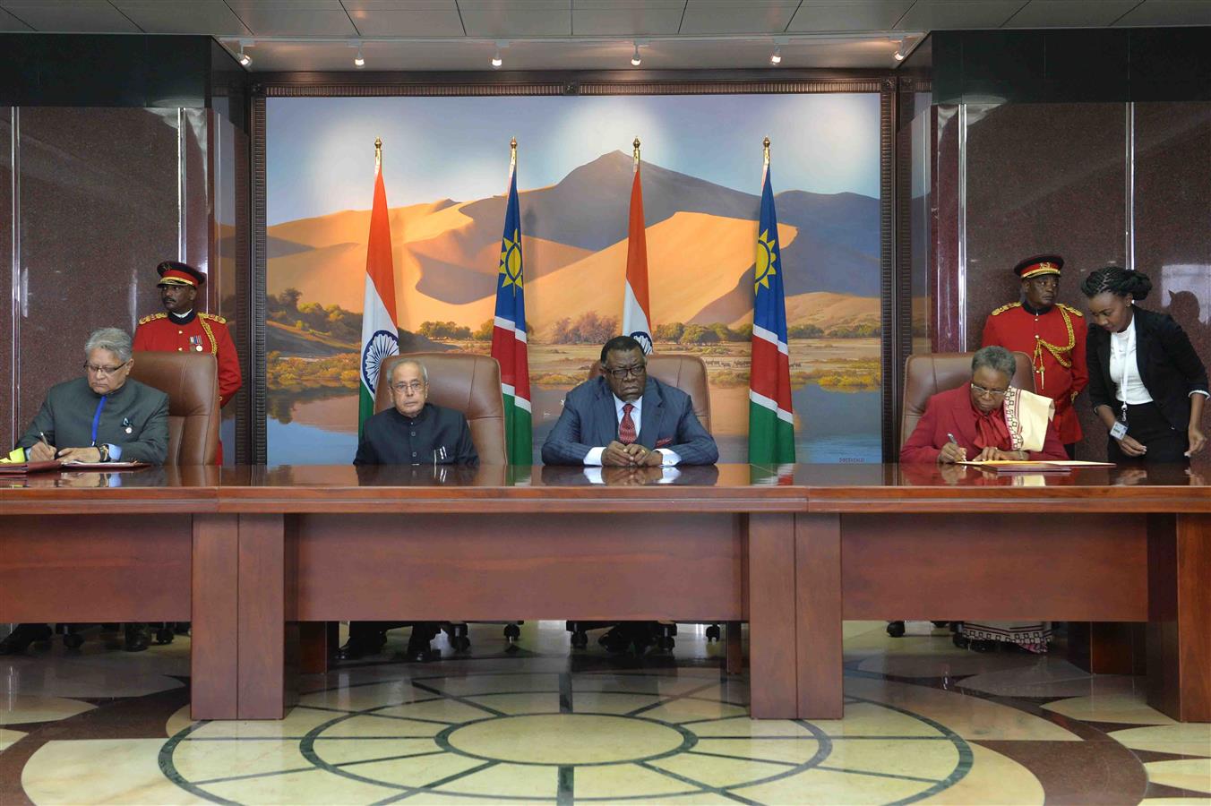 The President of India, Shri Pranab Mukherjee and the President of the Republic of Namibia, H.E. Dr. Hage G Geingob witnessing the signing of agreements between India and Republic of Namibia at State House in Republic of Namibia at Windhoek on June 16,20 