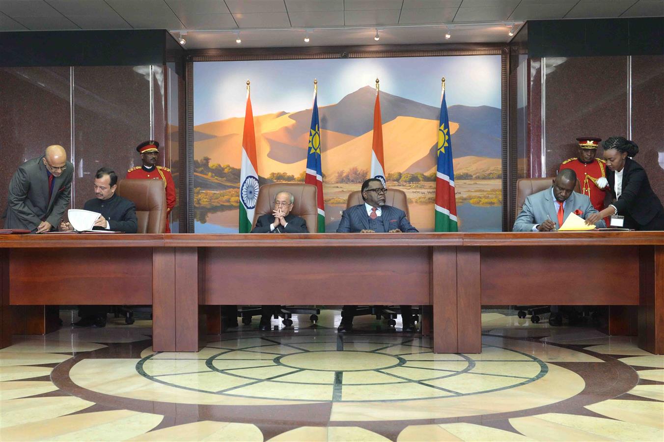 The President of India, Shri Pranab Mukherjee and the President of the Republic of Namibia, H.E. Dr. Hage G Geingob witnessing the signing of agreements between India and Republic of Namibia at State House in Republic of Namibia at Windhoek on June 16,201 