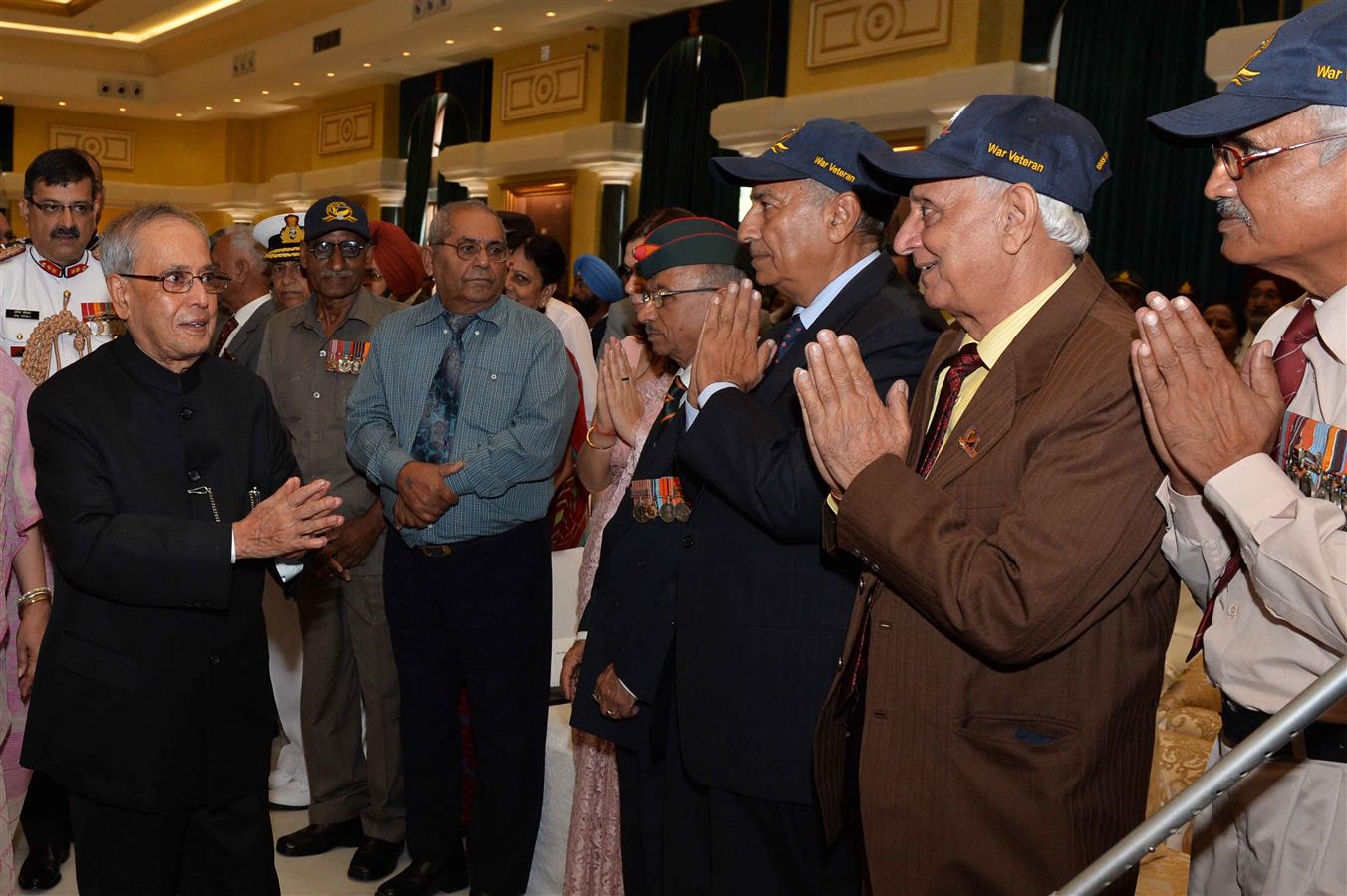 The President of India, Shri Pranab Mukherjee hosting the tea for the Veterans of 1965 War at Ceremonial Hall of Rashtrapati Bhavan Cultural Centre on September 22, 2015.