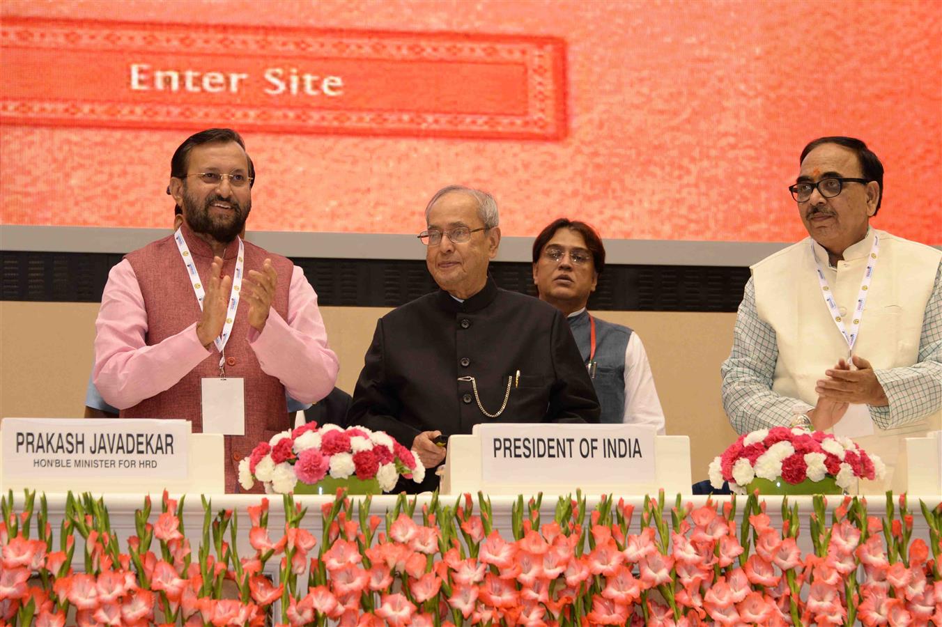 The President of India, Shri Pranab Mukherjee launching the SWAYAM, 32 SWAYAM Prabha DTH Channels and National Academic Depository at the National Convention on Digital Initiatives organized by Ministry of Human Resource Development in New Delhi on July 9