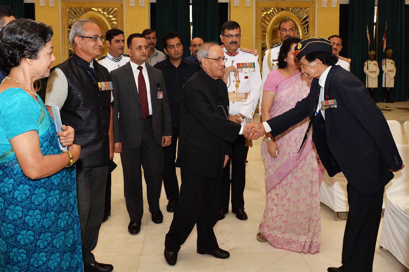 The President of India, Shri Pranab Mukherjee hosting the tea for the Veterans of 1965 War at Ceremonial Hall of Rashtrapati Bhavan Cultural Centre on September 22, 2015.