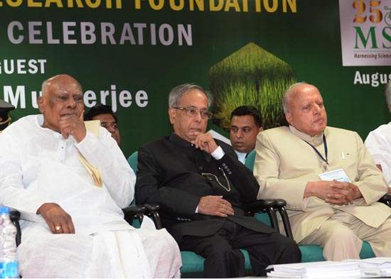 The President of India, Shri Pranab Mukherjee attending the 25th Anniversary Celebrations of the M S Swaminathan Research Foundation (MSSRF) at Chennai in Tamil Nadu on August 7, 2013. Also seen are the Governor of Tamil Nadu, Dr. K. Rosaiah and the Chair