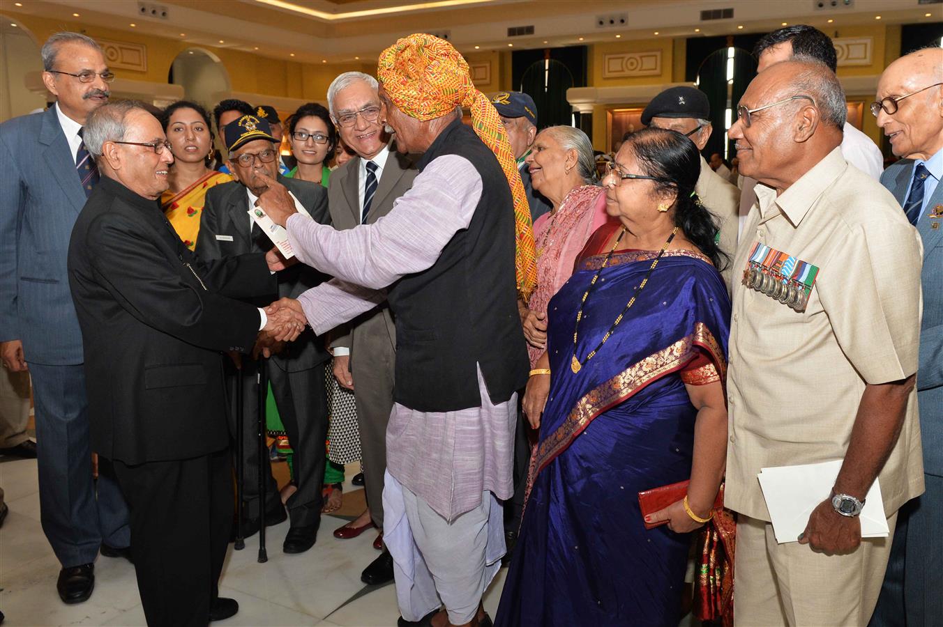 The President of India, Shri Pranab Mukherjee hosting the tea for the Veterans of 1965 War at Ceremonial Hall of Rashtrapati Bhavan Cultural Centre on September 22, 2015.