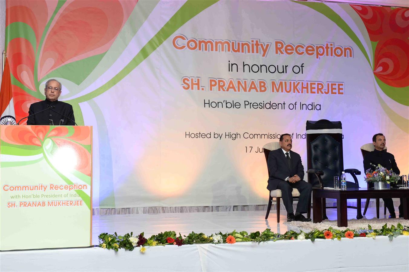 The President of India, Shri Pranab Mukherjee addressing at the Indian Community Reception at Hotel Safari at Windhoek in Namibia on June 17, 2016. 