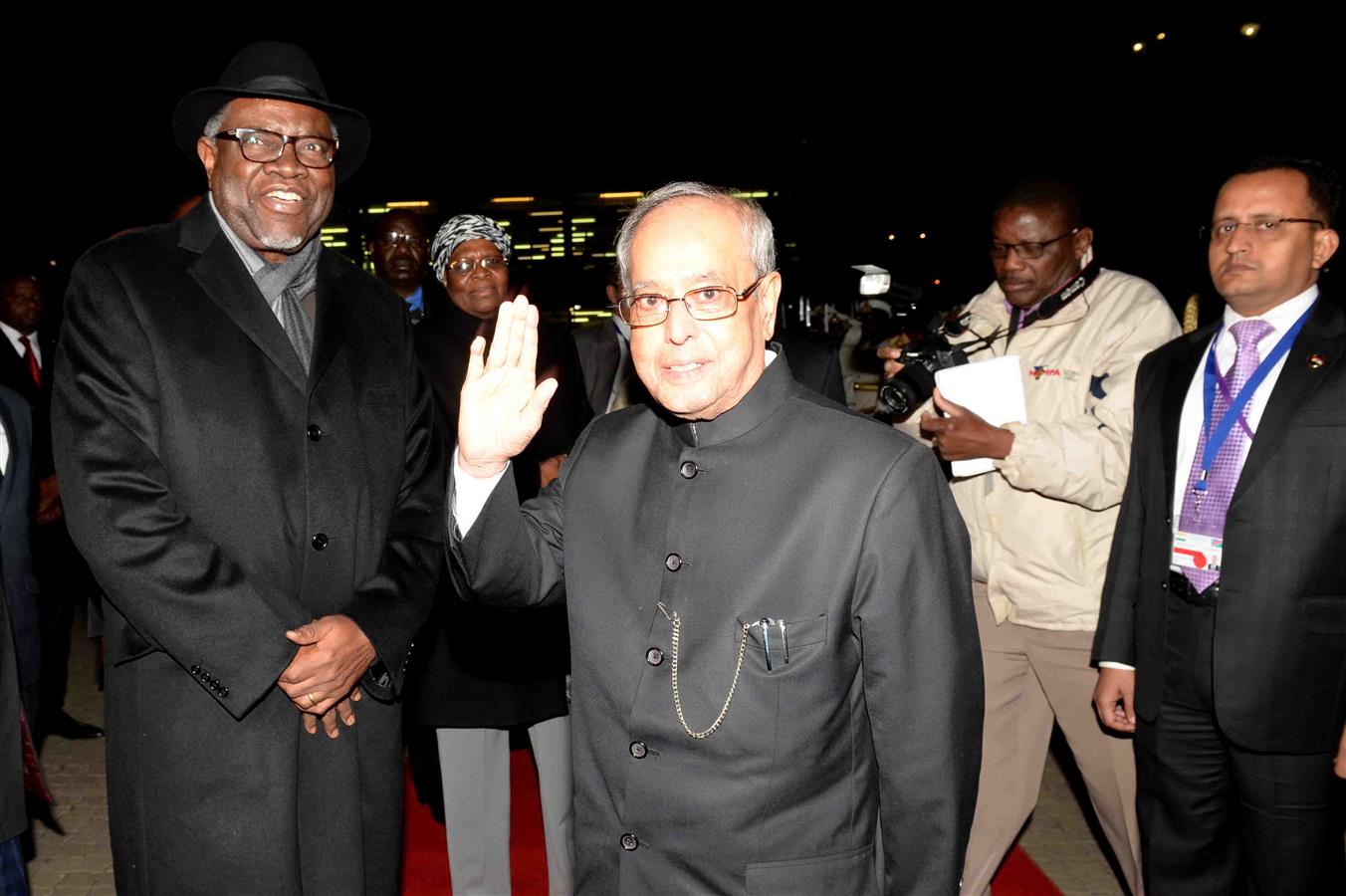 The President of India, Shri Pranab Mukherjee bid farewell by the President of the Republic of Namibia, H.E. Mr Hage Geingob during his departure from Hosea Kutako International Airport in Namibia at Windhoek on June 17, 2016. 