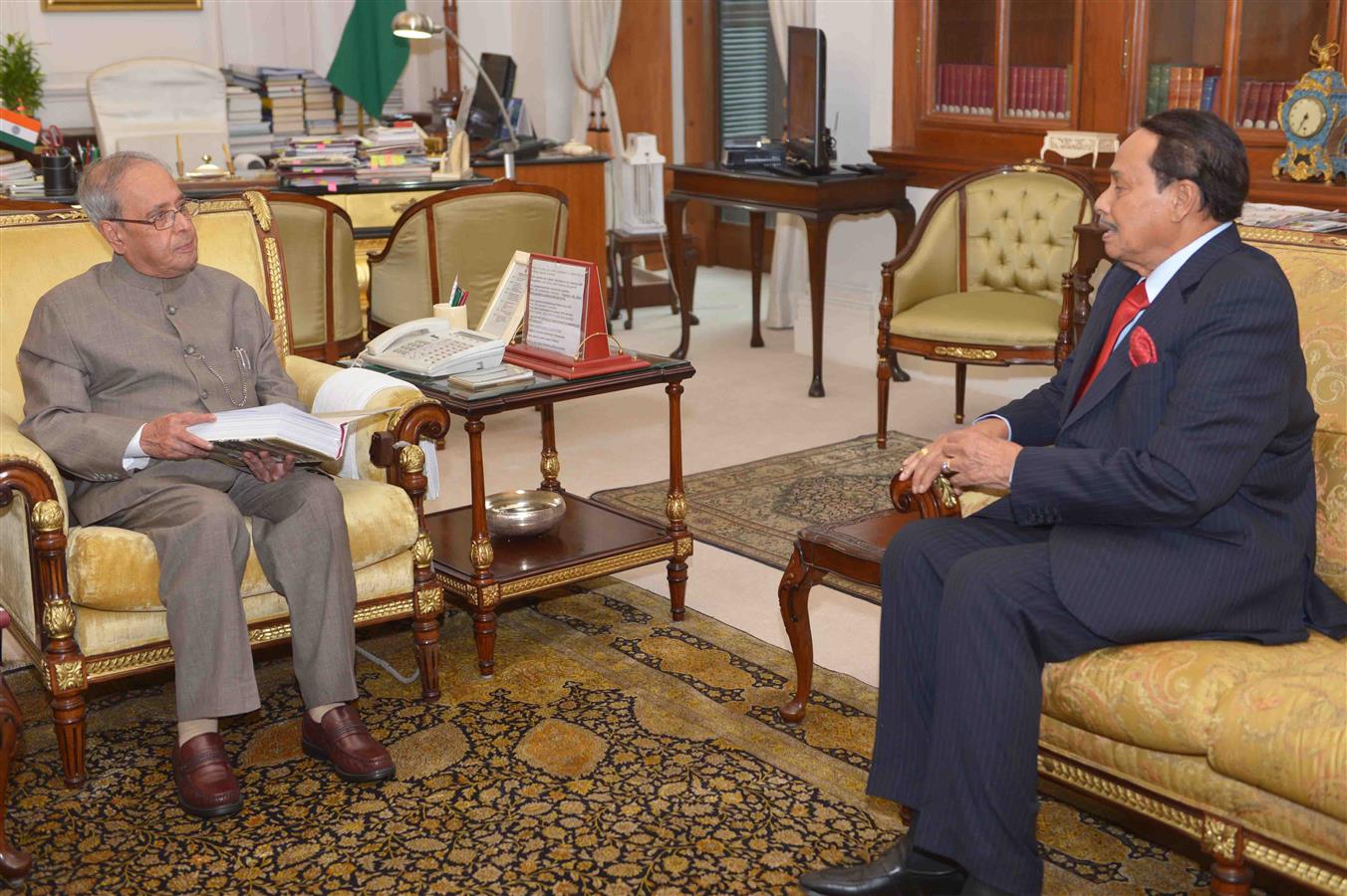 The Former President and Prime Minister of Bangladesh, H.E. Mr.Hussain Muhamad Ershad calling on the President of India, Shri Pranab Mukherjee at Rashtrapati Bhavan on June 21, 2016. 