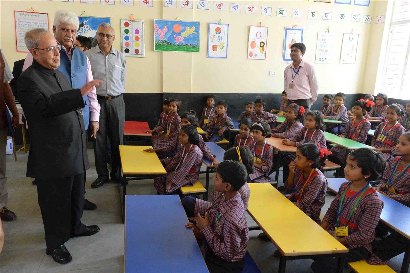 The President of India, Shri Pranab Mukherjee interacting with the students at the inauguration of the new school of Satya Bharti Foundation at Kanidighi in Murshidabad district of West Bengal on July 14, 2017.