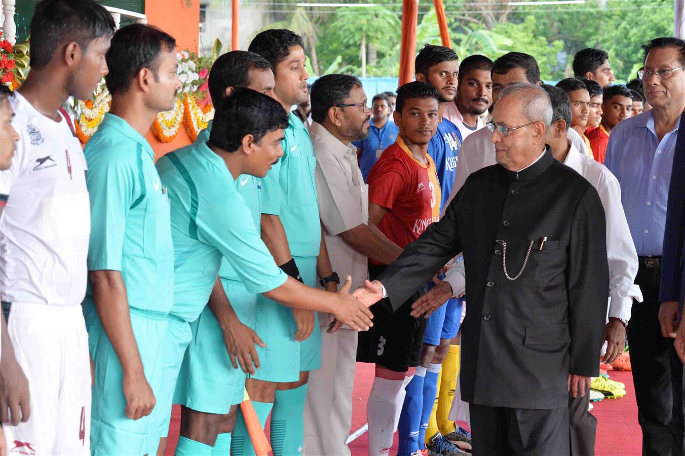 The President of India, Shri Pranab Mukherjee being introduced to the players of football teams at the inauguration of the 7th Edition of Kamada Kinkar Mukherjee Rural Football Tournament at Mackenzie Park Football Ground in Murshidabad district of West