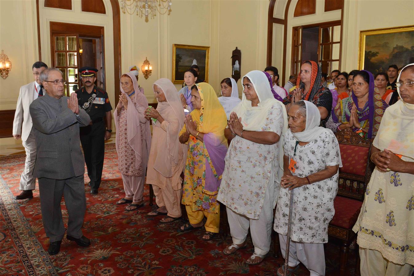 The President of India, Shri Pranab Mukherjee meeting with Veer Naris (War Widows) attending Pilgrimage Tour organised by the 8th JAK LI (SIACHEN) on the occasion of 30th Year of Siachen Operation at Rashtrapati Bhavan on June 26, 2016. 