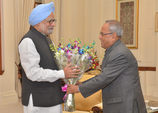 The Vice President of India, Shri Mohammad Hamid Ansari greeting the President of India, Shri Pranab Mukherjee at Rashtrapati Bhavan in New Delhi on the occasion of his 77th birthday on December 11, 2012.