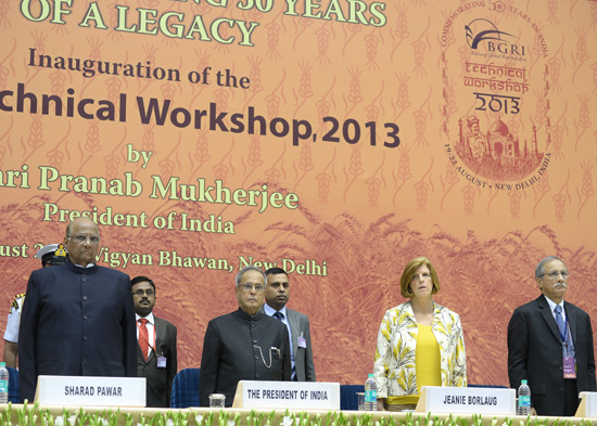 The President of India, Shri Pranab Mukherjee at the fifth technical workshop, 2013 of the Borlaug Global Rust Initiative (BGRI) at Vigyan Bhavan in New Delhi on August 19, 2013. Also seen are the Union Minister of Agriculture and Food Processing Industri