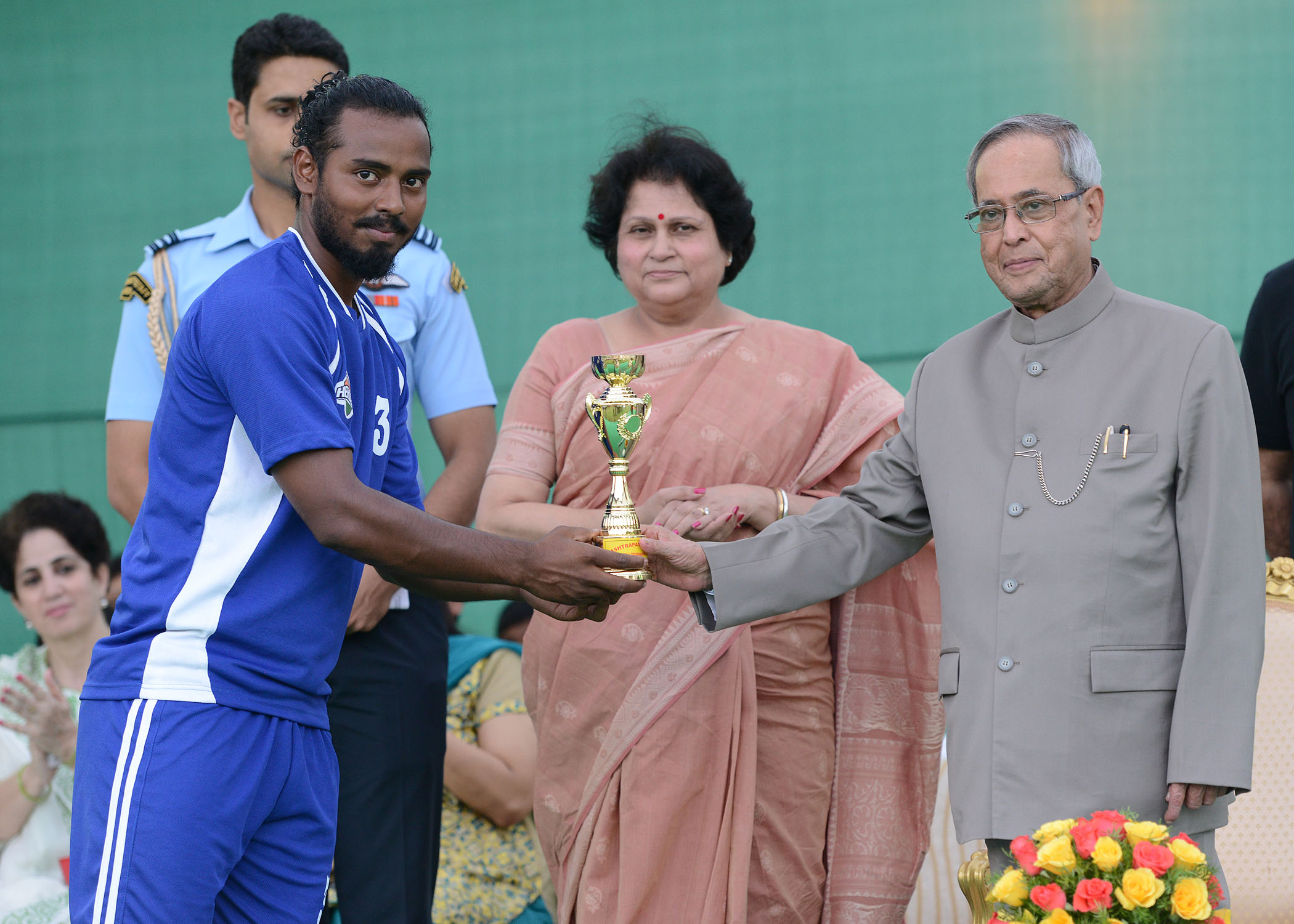 The President of India, Shri Pranab Mukherjee during presentation of prizes after final match of Rashtrapati Bhavan Football Tournament (RBFT) at Dr. Rajendra Prasad Sarvodaya Vidyalaya, President's Estate on September 21, 2014. 