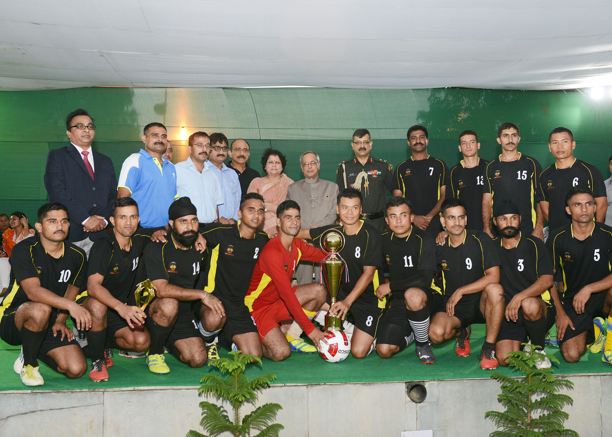 The President of India, Shri Pranab Mukherjee during the presentation of prizes after final match of Rashtrapati Bhavan Football Tournament (RBFT) at Dr. Rajendra Prasad Sarvodaya Vidyalaya, President's Estate on September 21, 2014. 